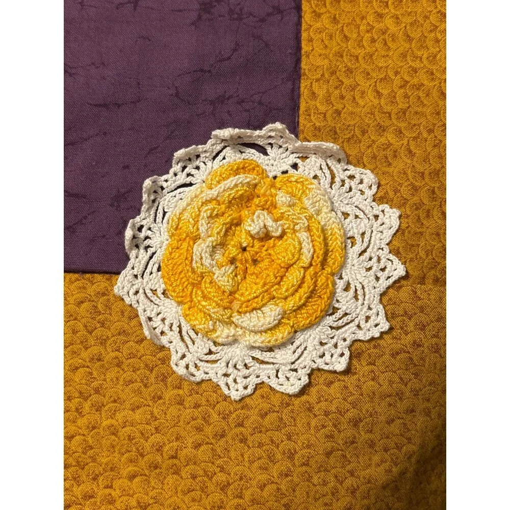 Handcrafted Purple and Gold Quilt‎ With Embroidered & Crocheted Flowers 43x43